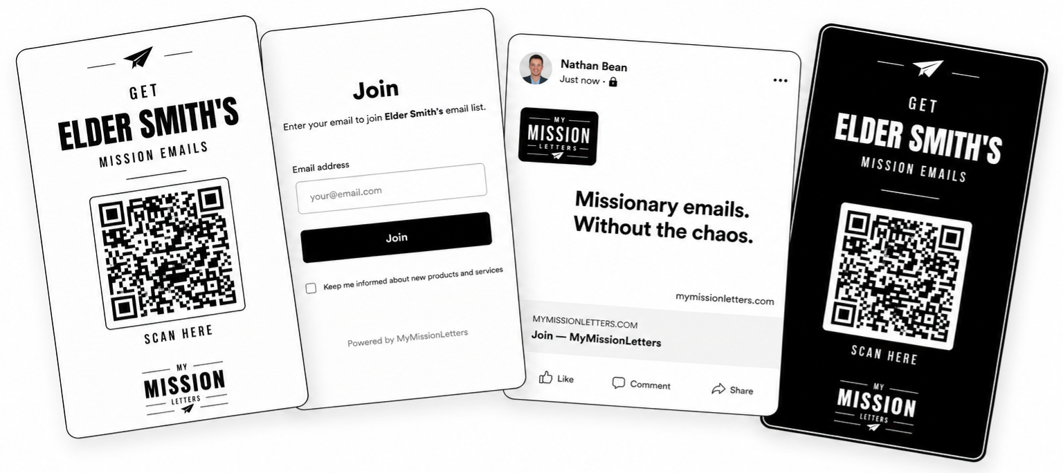 Four ways friends and family can join your leader's email group: a printable flyer with a QR code, a simple join page on a phone, a Facebook post with a join link, and a mobile QR card.