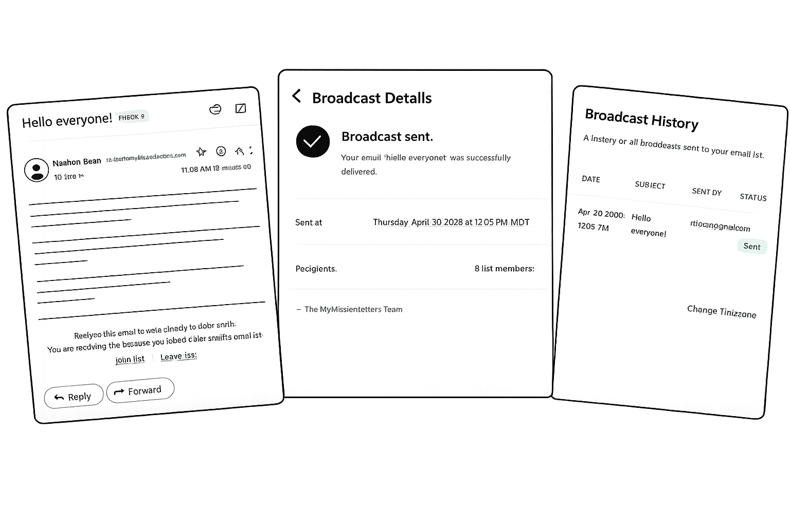 Three views of OurFold: a broadcast email arriving in a recipient's inbox with reply and forward buttons, a Broadcast Details screen confirming the update was delivered to every group member, and a Broadcast History list of past broadcasts.